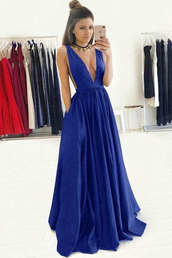 A-Line Deep V-Neck Sweep Train Royal Blue Prom Dress with Ruched US10 / Custom Color A-Line Deep V-Neck Sweep Train Royal Blue Prom Dress with Ruched US10 / Custom Color