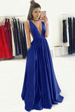 A-Line Deep V-Neck Sweep Train Royal Blue Prom Dress with Ruched PG392 - Pgmdress