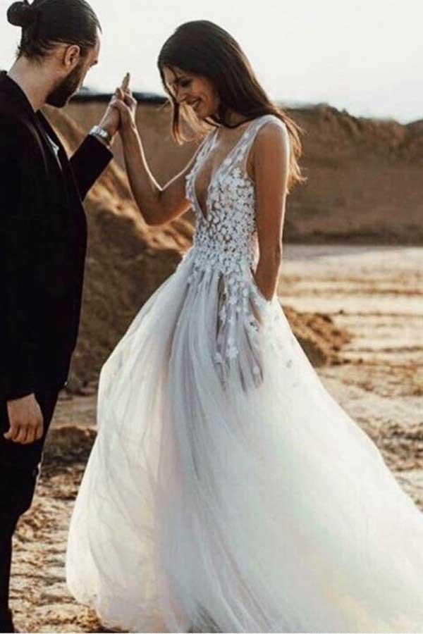 A-Line Deep V-Neck Tulle Wedding Dress with Appliques Split WD245 - Pgmdress