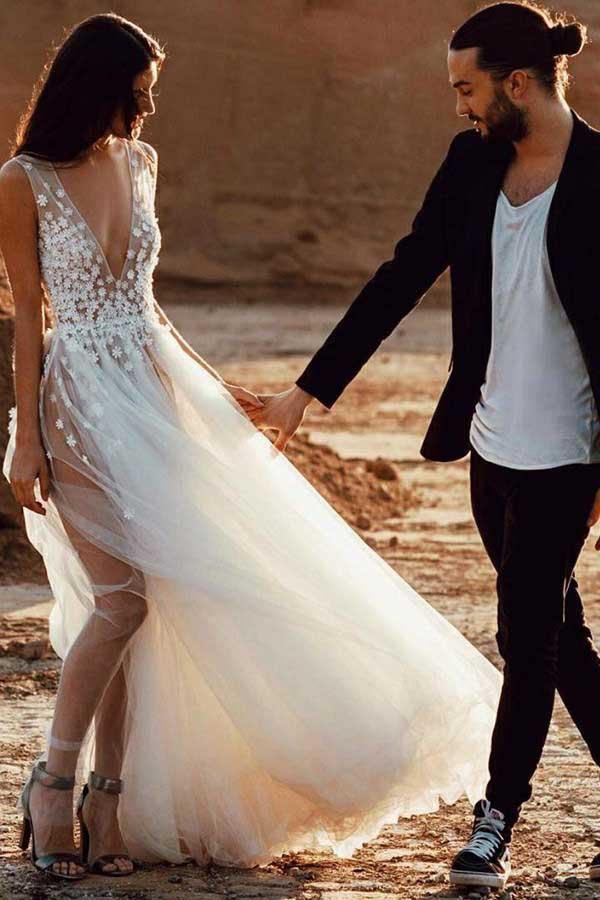 A Line Appliques Backless V Neck Tulle Wedding Dress With Slit A Line Appliques Backless V Neck Tulle Wedding Dress With Slit