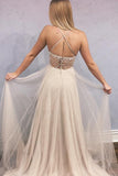 A-line Empire Straps Beading Criss Cross Back Tulle Long Prom Dress PG825 - Pgmdress