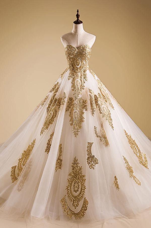 A line Evening Dress Lace Quinceanera Prom Dresses with Gold Appliques PG703 - Pgmdress