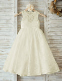 A-Line Floor-Length Open Back Beige Sleeveless Lace Flower Girl Dress FL01 - Pgmdress