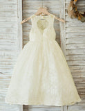 A-Line Floor-Length Open Back Beige Sleeveless Lace Flower Girl Dress FL01 - Pgmdress