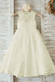 A-Line Floor-Length Open Back Beige Sleeveless Lace Flower Girl Dress FL01 - Pgmdress