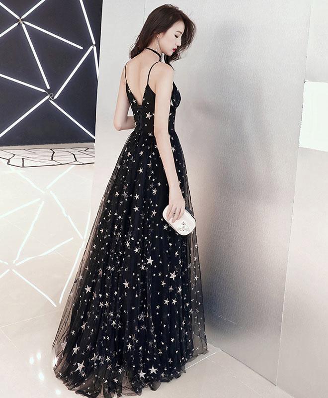 A-line Floor-length Star Lace Beautiful Long Black Chic Prom Dress PSK173 - Pgmdress