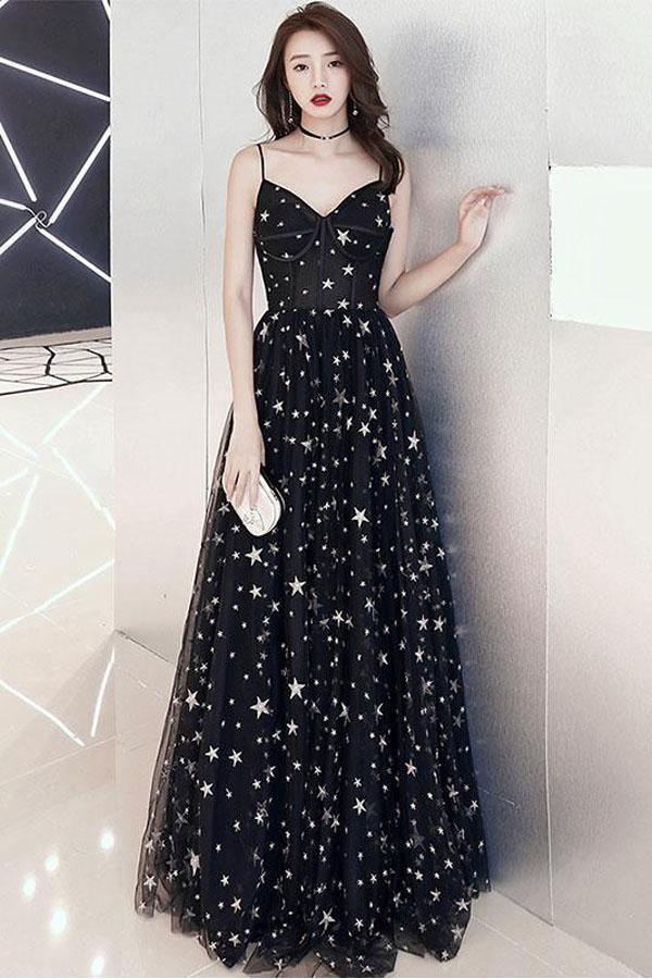 A-line Floor-length Star Lace Beautiful Long Black Chic Prom Dress PSK173 - Pgmdress