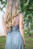 A-line Floor-Length Turquoise Sleeveless Tulle Bridesmaid Dress BD041 - Pgmdress