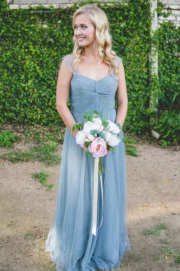 A-line Floor-Length Turquoise Sleeveless Tulle Bridesmaid Dress BD041 - Pgmdress