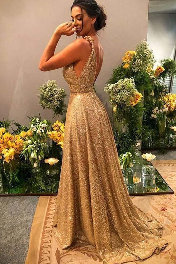 A-line Gold Sequin Empire Prom Dress Long 2020 Sweep Train PSK152 - Pgmdress