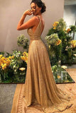 A-line Gold Sequin Empire Prom Dress Long 2020 Sweep Train PSK152 - Pgmdress