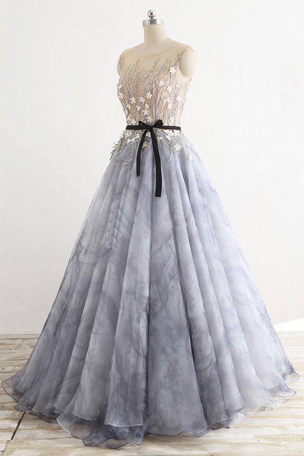 A-line Gray Rround Neck Tulle Long Prom Dress Grey Evening Dress PSK010 - Pgmdress