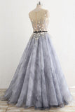 A-line Gray Rround Neck Tulle Long Prom Dress Grey Evening Dress PSK010 - Pgmdress