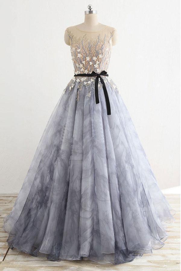 A-line Gray Rround Neck Tulle Long Prom Dress Grey Evening Dress PSK010 - Pgmdress