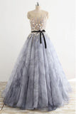 A-line Gray Rround Neck Tulle Long Prom Dress Grey Evening Dress   PSK010