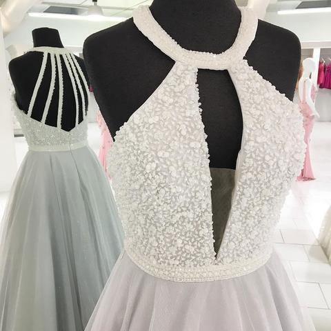 A-Line Gray Tulle Halter Cut Out Long Prom/Evening Dress With Beading PG932 - Pgmdress
