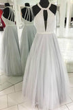 A-Line Gray Tulle Halter Cut Out Long Prom/Evening Dress With Beading  PG932