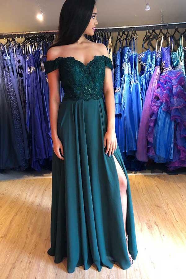 A-Line Green Satin Off the Shoulder Appliques Prom Dress With Side Split PG966 - Pgmdress