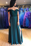 A-Line Green Satin Off the Shoulder Appliques Prom Dress With Side Split   PG966