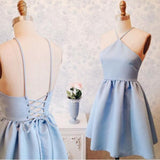 A-Line Halter Above-Knee Lace-Up Blue Stretch Satin Homecoming Dress PD403 - Pgmdress