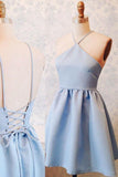 A-Line Halter Above-Knee Lace-Up Blue Stretch Satin Homecoming Dress  PD403
