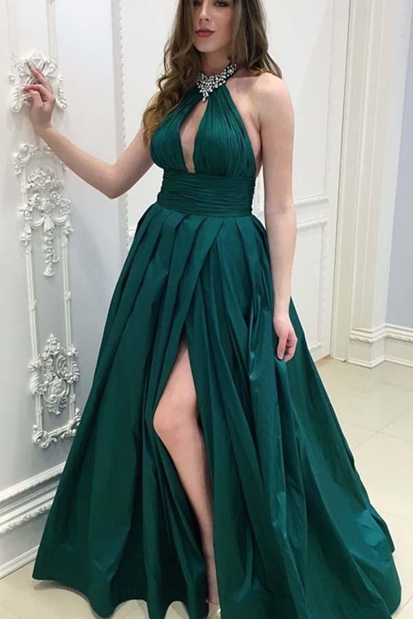 A-Line Halter Backless Floor-Length Dark Green Prom Dress With Beading PG675 - Pgmdress