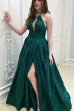 A-Line Halter Backless Floor-Length Dark Green Prom Dress With Beading PG675 - Pgmdress