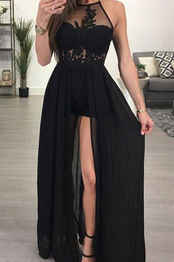 A-line Halter Black Chiffon Sexy Long Prom Dresses Evening Dress PG420 - Pgmdress