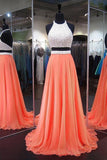 A-line Halter Chiffon Sweep Train Backless Two Piece Prom Dresses PG386