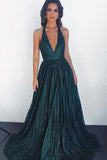 A-Line Halter Deep V Neck Dark Green Prom Evening Dresses PSK230 - Pgmdress