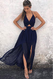 A-Line Halter Floor-Length Backless Navy Blue Chiffon Prom Dress PG382 - Pgmdress