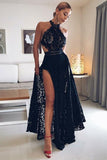 A-Line Halter Floor Length Black Open Back Lace Prom Dress with Split  PG742