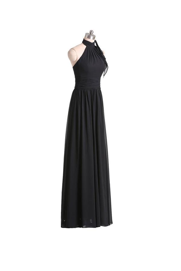 A-line Halter Floor Length Chiffon Black Bridesmaid Dress With Pleats BD019 - Pgmdress