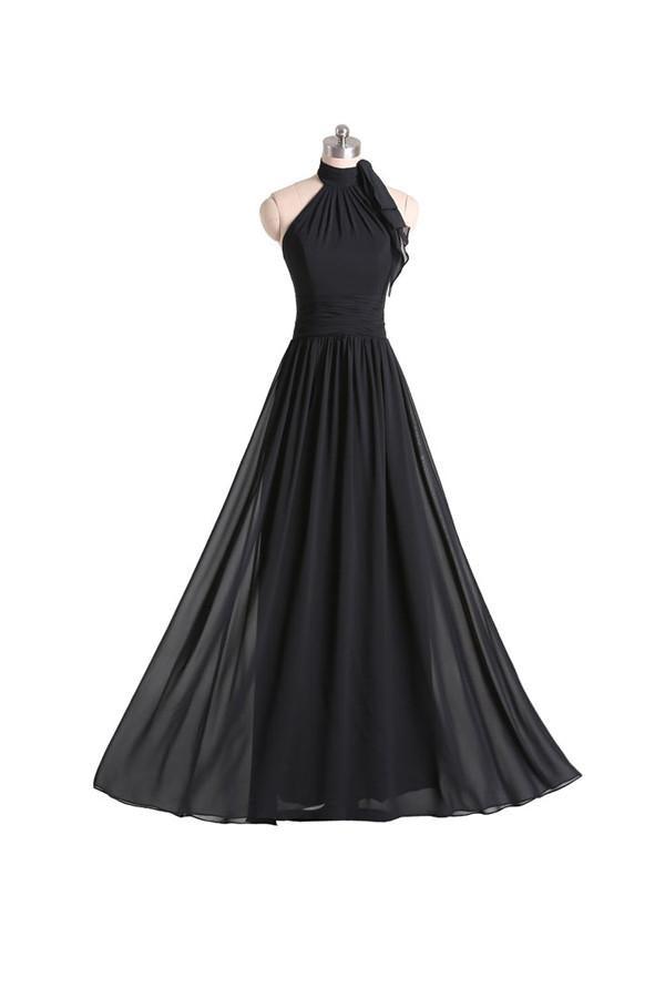 A-line Halter Floor Length Chiffon Black Bridesmaid Dress With Pleats BD019 - Pgmdress