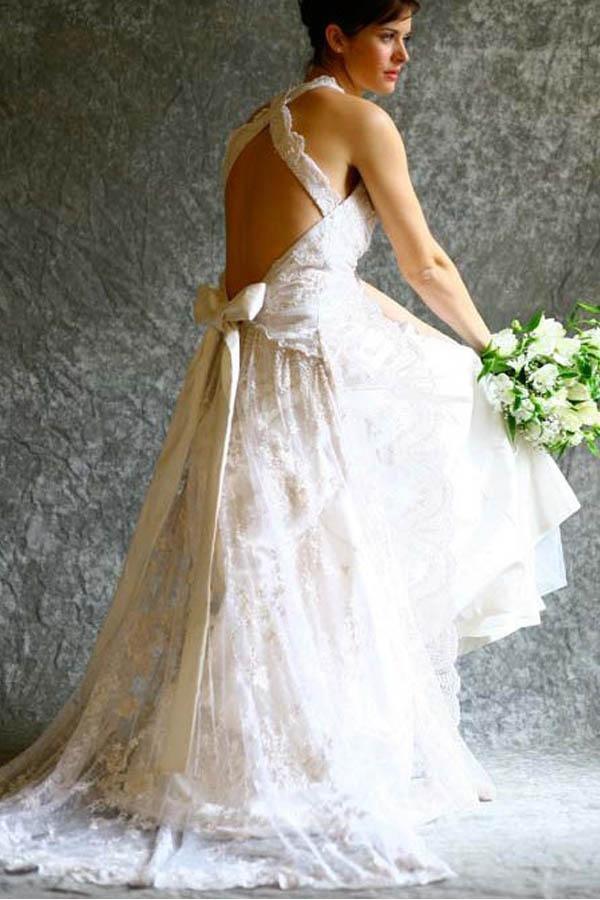 A-line Halter Neck Backless Bow Lace Wedding Dress with Court Train WD405 - Pgmdress