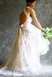 A-line Halter Neck Backless Bow Lace Wedding Dress with Court Train WD405