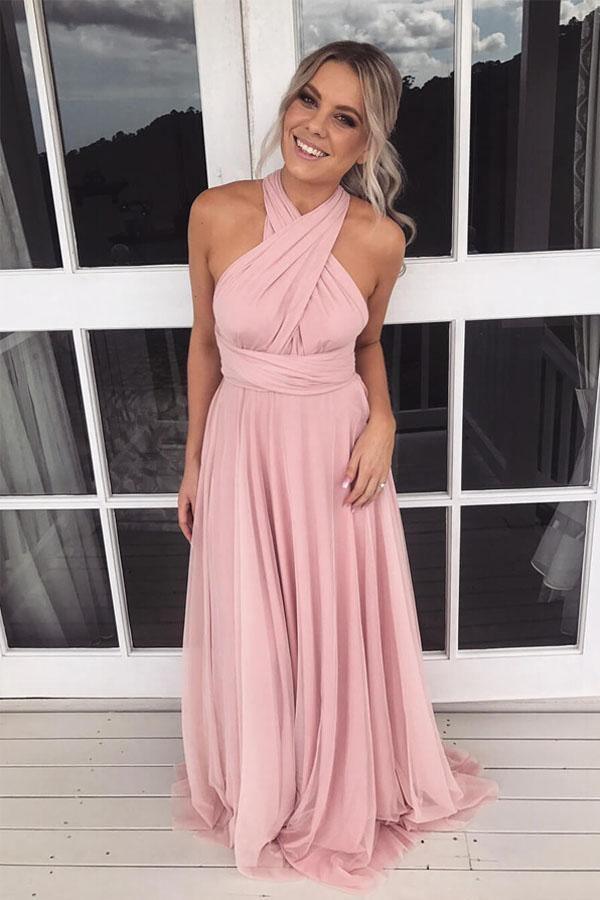 A-line Halter Pink Chiffon Long Bridesmaid Dress 4 Bridesmaid BD075 - Pgmdress