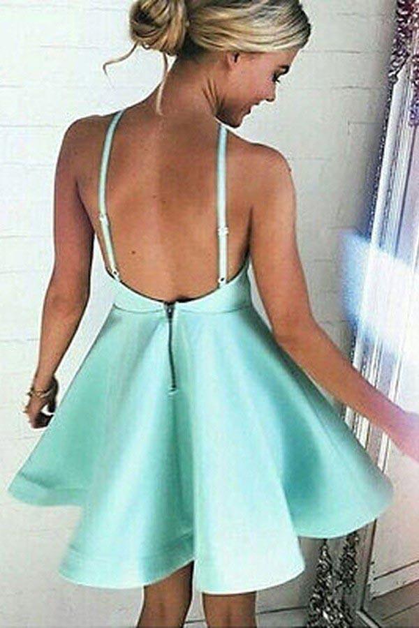 A-line Halter Short Mint Satin Homecoming Dress with Ruched PD007 - Pgmdress