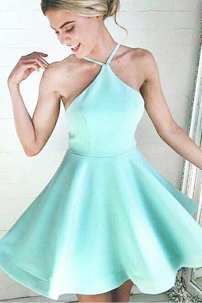 A-line Halter Short Mint Satin Homecoming Dress with Ruched – Pgmdress