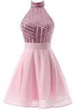 A-Line Halter Short Pink Chiffon Homecoming/Cocktail Dress with Sequins PD064 - Pgmdress
