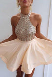 A-Line Halter Short Pink Chiffon Homecoming/Cocktail Dress with Sequins PD064