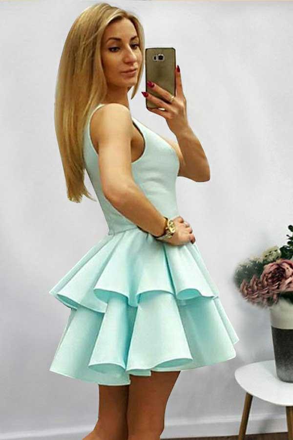 A-Line Halter Short Sleeveless Mint Satin Homecoming Dress with Ruffles PD085 - Pgmdress
