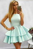 A-Line Halter Short Sleeveless Mint Satin Homecoming Dress with Ruffles PD085 - Pgmdress