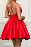 A-line Halter Sleeveless Short Red Satin Homecoming Dress with Lace PD050 - Pgmdress