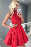 A-line Halter Sleeveless Short Red Satin Homecoming Dress with Lace PD050 - Pgmdress
