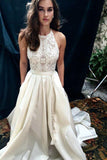 A-Line Halter Sweep Train Ivory Satin Wedding Dress with Lace  WD398