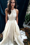 A-Line Halter Sweep Train Ivory Satin Wedding Dress with Lace WD398 - Pgmdress