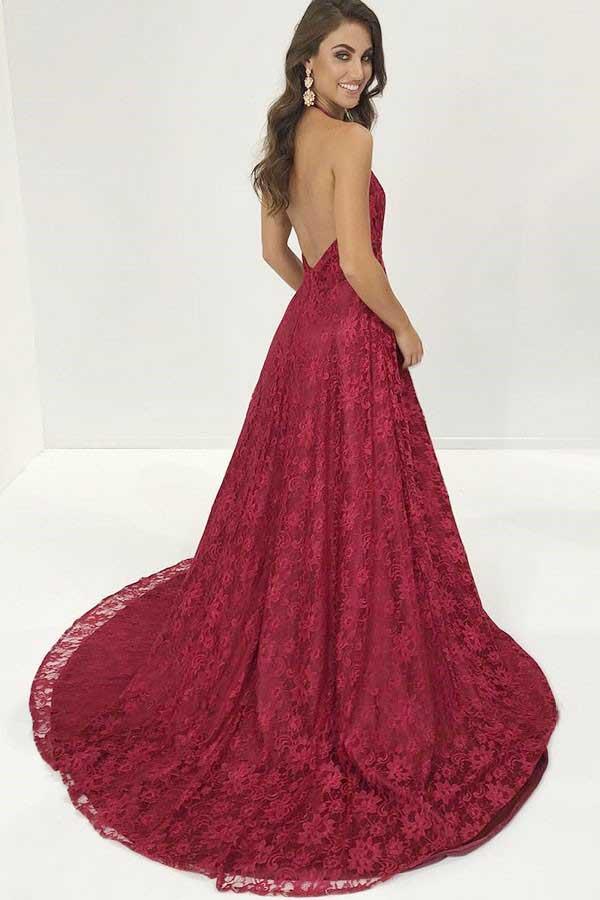 A-Line Halter Sweep Train Red Lace Prom Dress with Split – Pgmdress