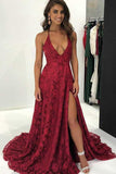 A-Line Halter Sweep Train Red Lace Prom Dress with Split PG611