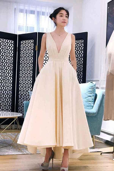 A-line High Low V Neck Tea Length Prom Dress Party Dress PG667 Custom Size / Champagne
